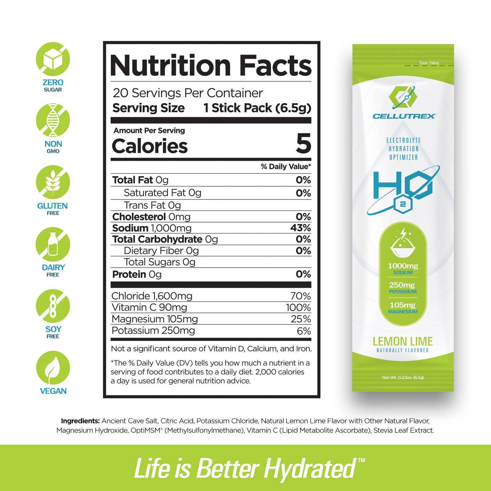 H2O Electrolytes™ Lemon Lime – 20-count zero sugar electrolyte hydration powder packets for rapid rehydration.