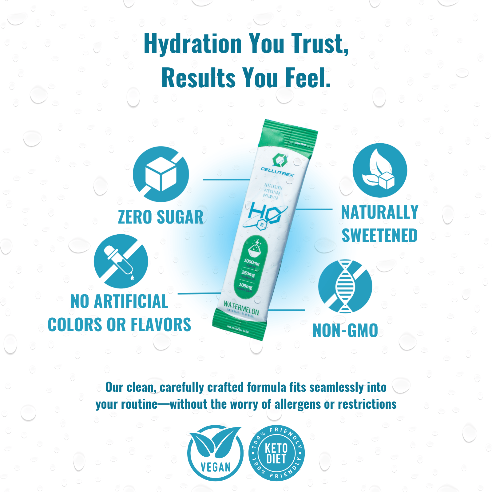 Cellutrex H2O Electrolytes – Zero Sugar, Naturally Sweetened, Non-GMO Hydration Powder. No artificial colors or flavors. Designed for keto, fasting, and active lifestyles. Vegan-friendly, gluten-free, and allergen-free electrolyte formula.