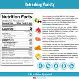 Cellutrex H2O Electrolytes Nutrition Facts and Ingredient Breakdown. Features Cherry Limeade, Watermelon, Grapefruit, Orange, and Lemon Lime flavors. Key minerals include 1000mg sodium, 250mg potassium, and 105mg magnesium for optimal hydration and performance.