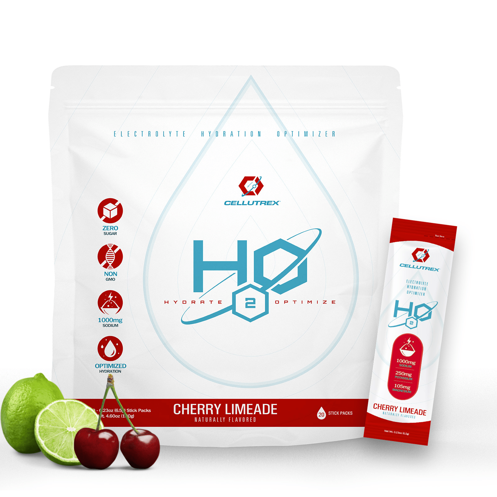 Cellutrex H2O Electrolytes – Cherry Limeade Flavor. Zero sugar hydration powder for optimal rehydration and energy. Made with ancient cave salt, OptiMSM®, and Pureway-C®. 20 stick packs, naturally flavored, with essential electrolytes for performance and recovery.