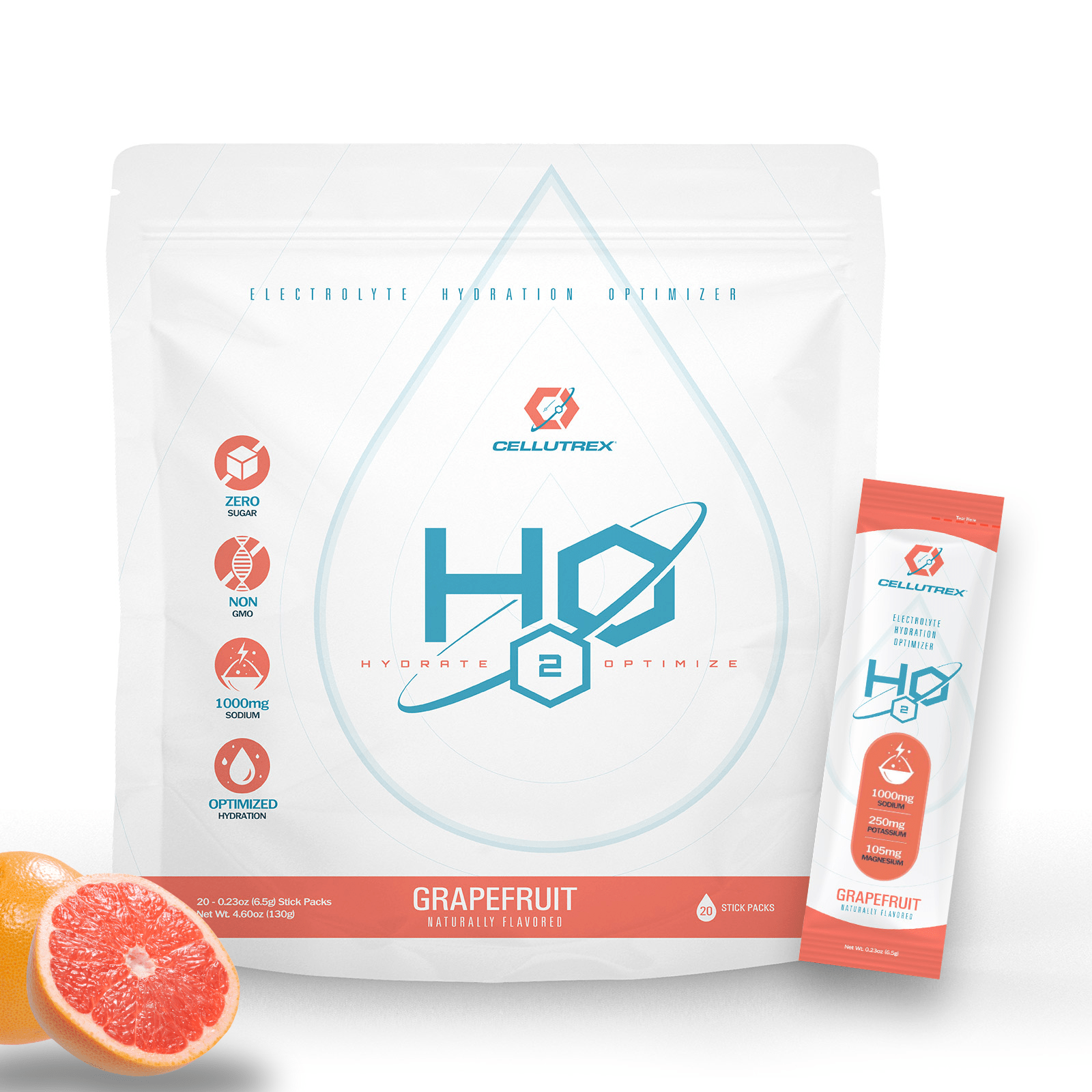 H2O Electrolytes™ Grapefruit – 20-count zero sugar electrolyte hydration powder packets for rapid rehydration.