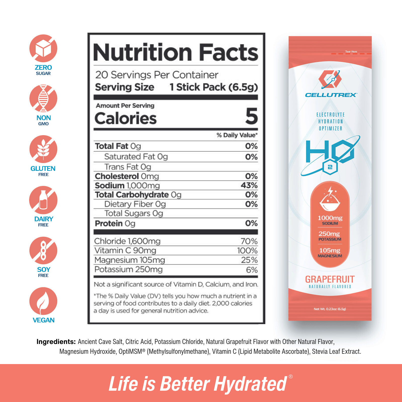 H2O Electrolytes™ Grapefruit – 20-count zero sugar electrolyte hydration powder packets for rapid rehydration.