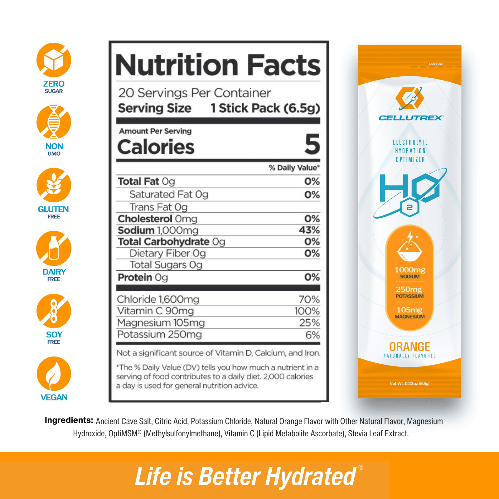 H2O Electrolytes™ Orange – 20-count zero sugar electrolyte powder packets for rapid rehydration.