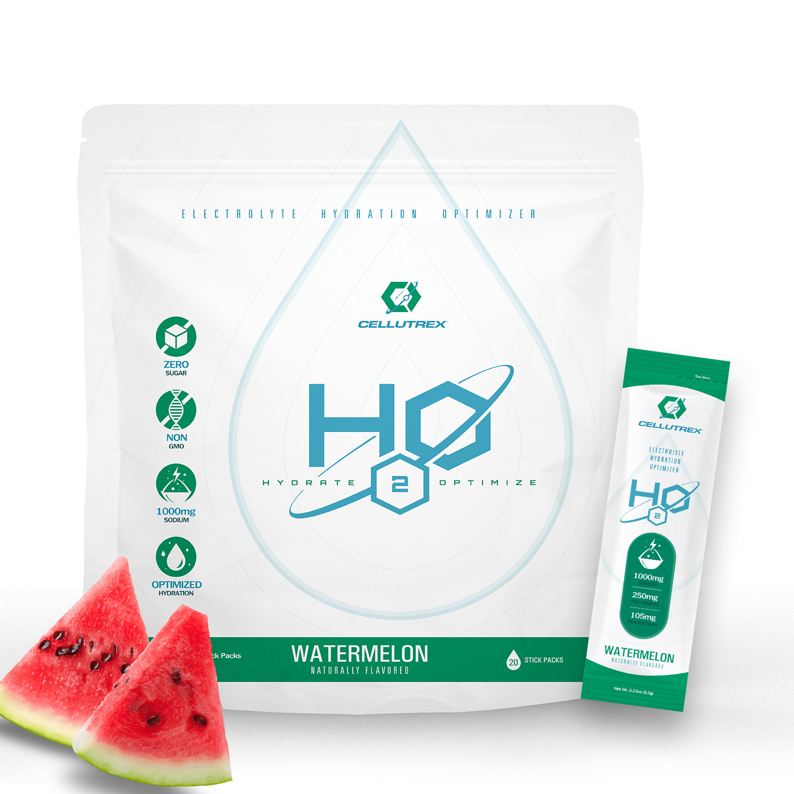Cellutrex H2O Electrolytes – Watermelon Flavor. Clean hydration solution with unrefined cave salt, zero sugar, and key electrolytes for endurance and recovery. Naturally flavored with 1000mg sodium, 250mg potassium, and 105mg magnesium per serving.