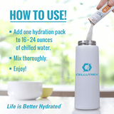H2O Electrolytes™ powder dissolving in water for fast hydration and electrolyte replenishment.