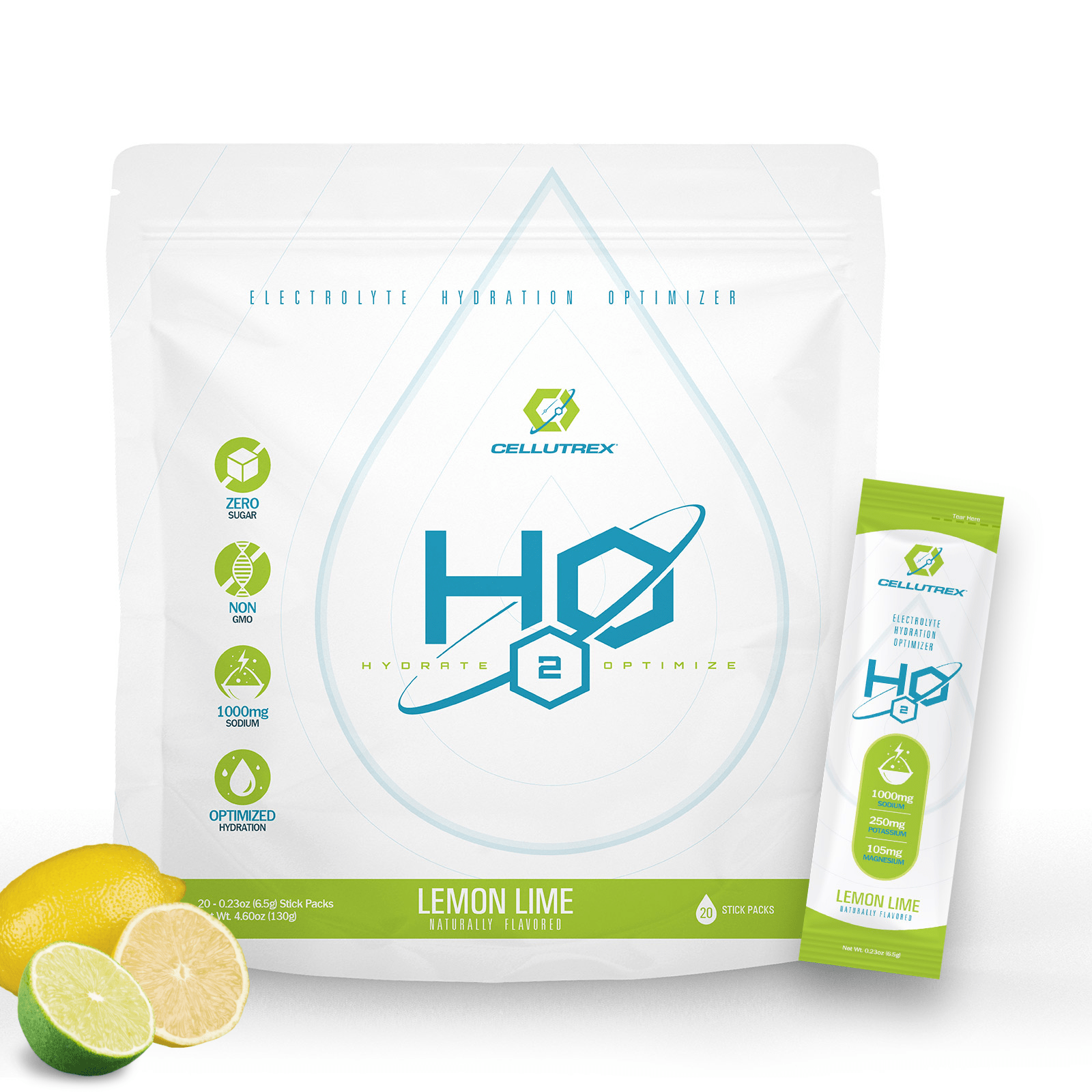 Cellutrex H2O Electrolytes – Lemon Lime Flavor. Hydration powder with no sugar, no artificial flavors, and essential minerals for electrolyte balance. Features ancient cave salt for enhanced absorption. 20 stick packs for workouts, travel, and daily hydration.