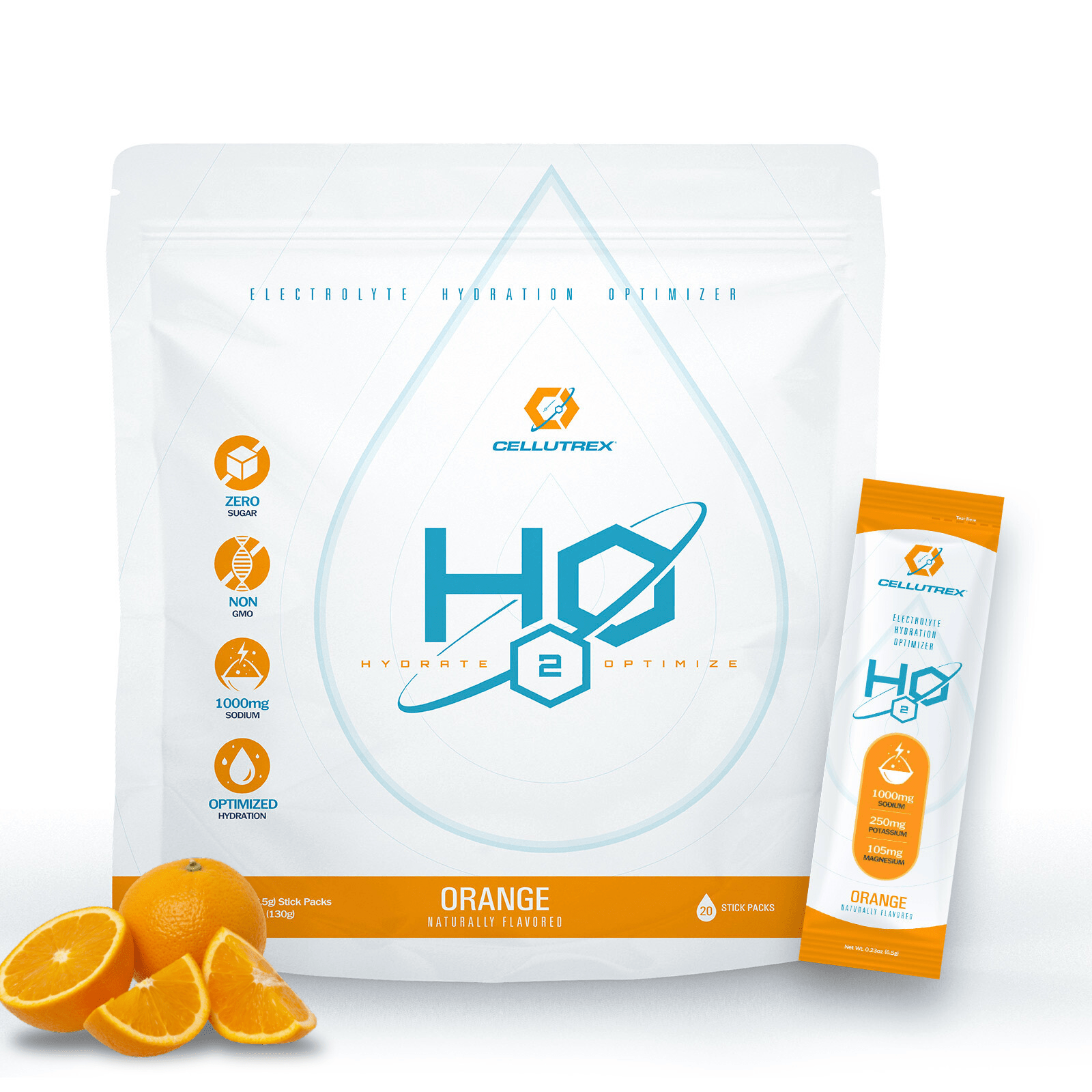 Cellutrex H2O Electrolytes – Orange Flavor. Fast-absorbing electrolyte powder with no artificial ingredients. Features unrefined cave salt, 1000mg sodium, 250mg potassium, and 105mg magnesium per serving. Perfect for workouts, keto, and daily hydration.
