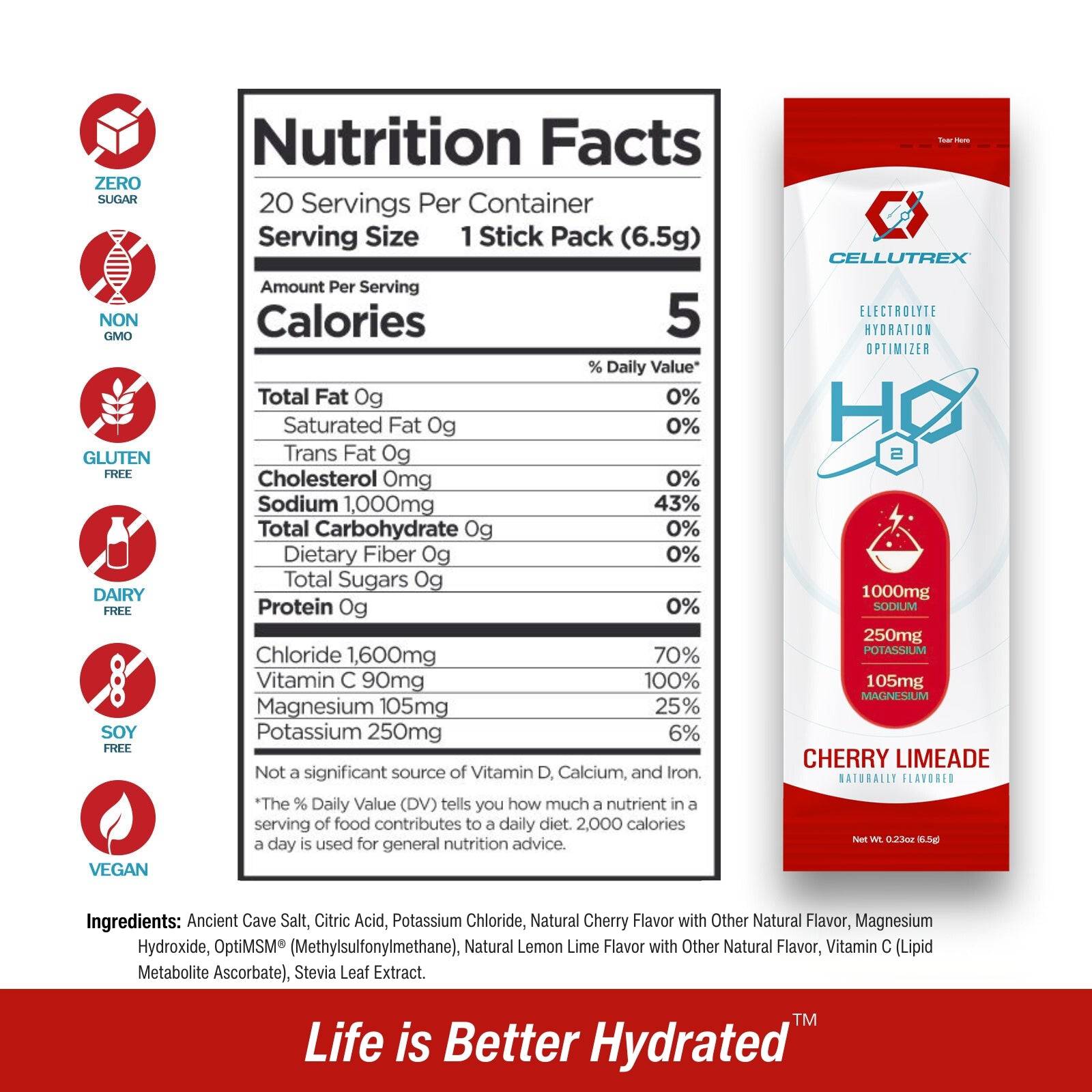 Cellutrex H2O Electrolytes – Cherry Limeade Flavor. Zero sugar hydration powder for optimal rehydration and energy. Made with ancient cave salt, OptiMSM®, and Pureway-C®. 20 stick packs, naturally flavored, with essential electrolytes for performance and recovery.